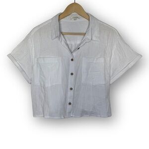 NWOT No Comment White Cotton Cropped Button Down Size Large
